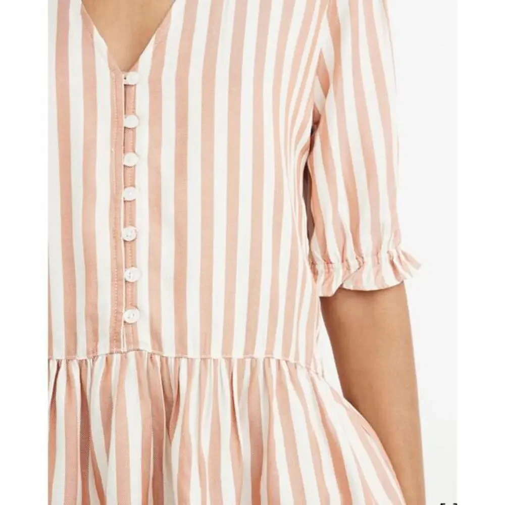 Madewell  White‎ Striped Button Front Peplum Top Puff Sleeve V-Neck NWT XS